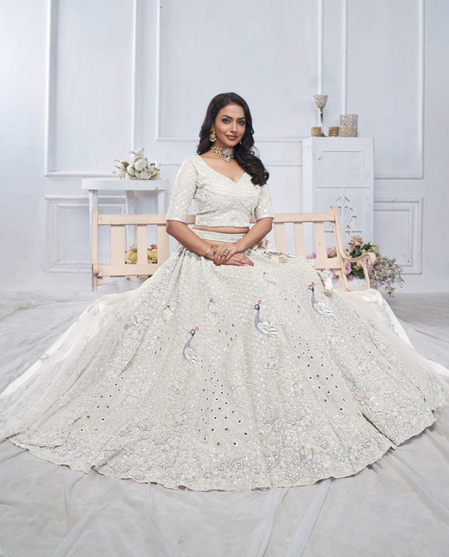 01WHITE - White Designer Embroidered Bridal Wear Lehenga Choli